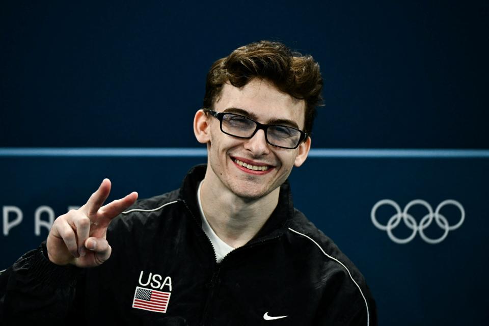 American Stephen Nedoroscik makes the victory sign during the men's artistic gymnastics qualification for the Paris 2024 Olympic Games at the Bercy Arena in Paris, on July 27, 2024. (Photo by Gabriel BOUYS / AFP) (Photo by GABRIEL BOUYS/AFP via Getty Images)