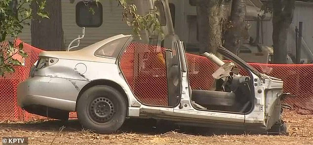 Police said the girl was bound with duct tape and zip ties, wearing a dog shock collar and fed only food from a blender. A burned-out car is seen on the property.