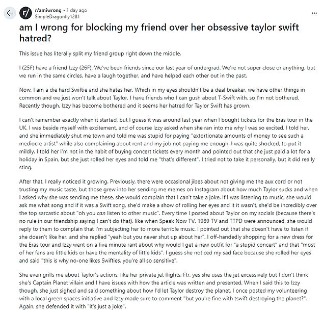 A diehard Taylor Swift fan ends a friendship over his