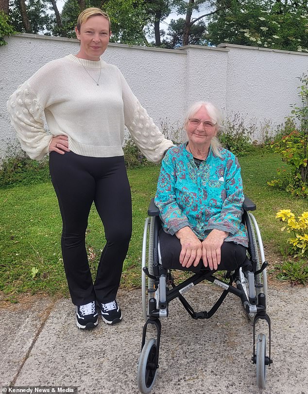 The avid gardener from Bantry Bay, Cork, Ireland, pictured with her daughter Jen Rowley, 41, noticed two red marks on her leg as she was getting ready for bed, but didn't think they were the size of a 