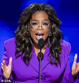 Winfrey was supporting Kamala Harris at the Democratic National Convention last night (pictured) when she referenced Vance's resurgent criticism that America was being ruled by 