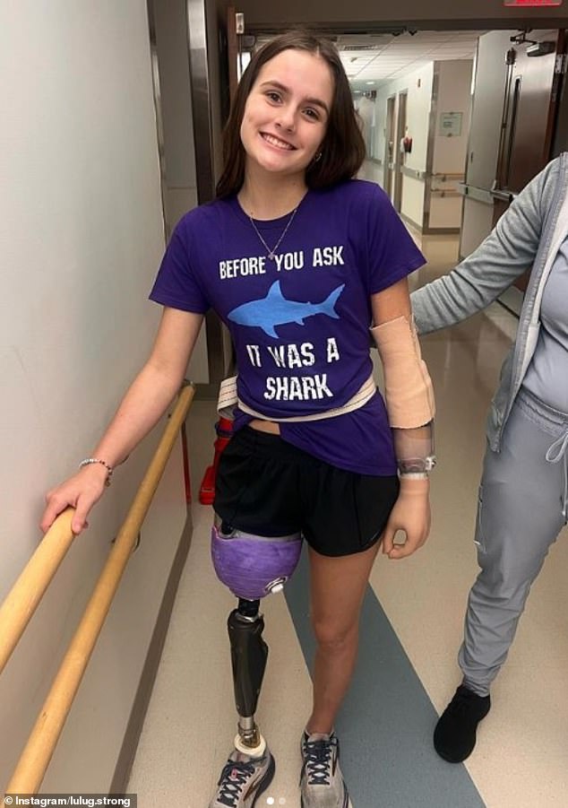 The teenager documented her recovery on Instagram and showed she has kept her sense of humor by wearing a T-shirt that reads: 'Before you ask, I was a shark.'