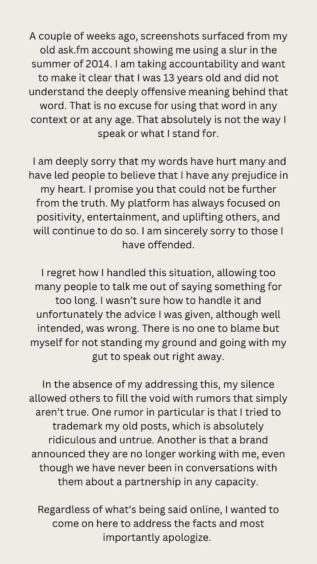 Now, the 23-year-old, who was spotted at a wedding in St. Tropez in July with her boyfriend, NFL player Braxton Berrios, is apologizing in an Instagram Story for her 3.7 million followers.