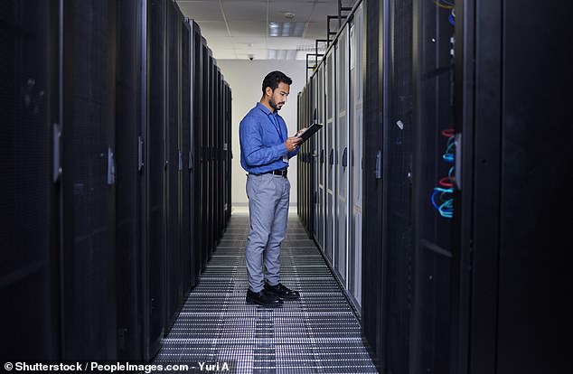 The largest facilities occupy millions of square feet and can contain more than 100,000 servers stored in racks. Racks with servers are shown above.