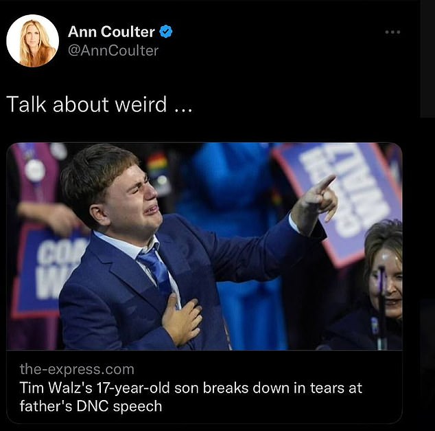 Ann Coulter's now-deleted X-rated post about Tim Walz's son Gus