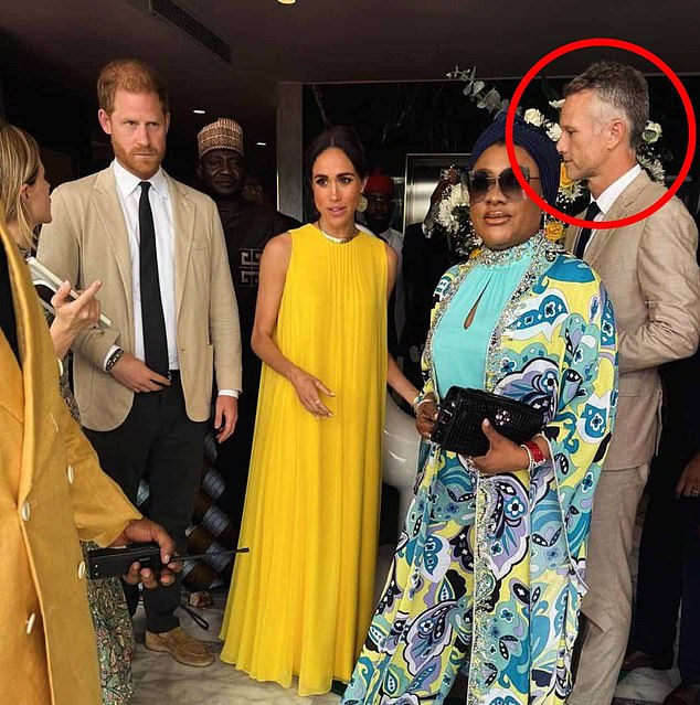 Prince Harry and Meghan with Mr Kettler (circled) at their side. His role in the visit was said to be a foretaste of what he would achieve in the future.