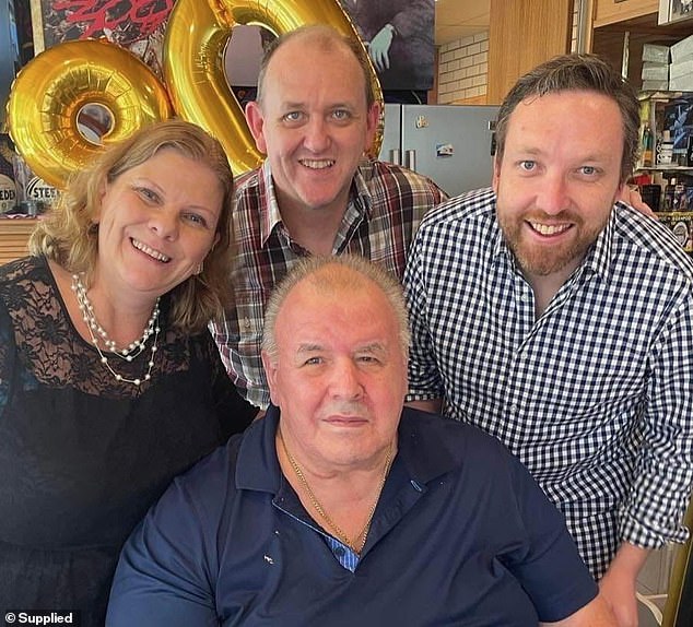 Mr Caralis (front) built the 42-station Super Radio Network from scratch in New South Wales and Queensland. He is pictured here on his 80th birthday with (l-r) 2SM news director Diane Coveny-Garland, former programming director James Yelland and producer Justin Ross.