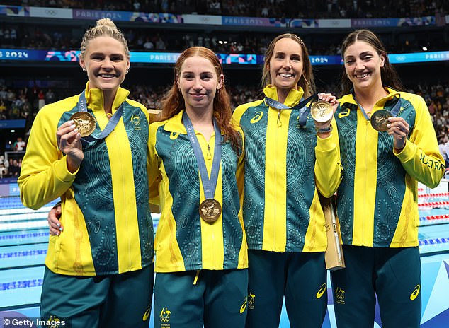 Emma retired from competitive swimming after winning the gold medal in the 4x100m freestyle relay (pictured with Mollie O'Callaghan, Shayna Jack and Meg Harris).