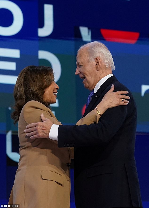 President Joe Biden (right) hugged Vice President Kamala Harris (left) onstage at the Democratic National Convention after concluding his remarks.