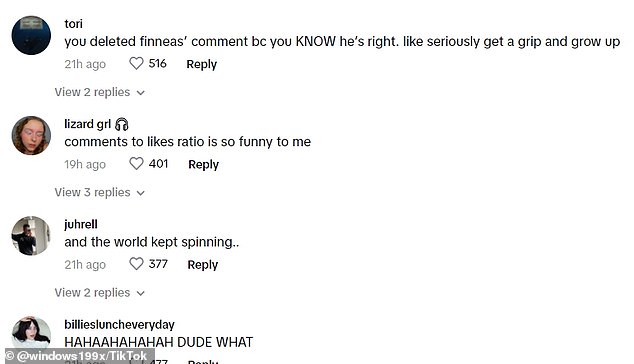 The user deleted Finneas' comment, prompting someone to write: 'you deleted Finneas' comment because you KNOW he's right. Seriously, calm down and grow up.'