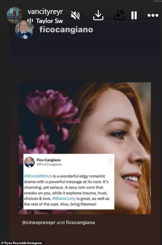 Ryan appeared to take pride in the film's success, reposting a glowing review from CineXpress critic Fico Cangiano on his Instagram Stories on Wednesday.