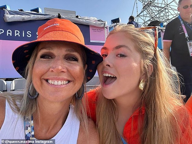 Queen Maxima of the Netherlands shared a fun selfie with her eldest daughter Princess Amalia, 20, while watching the rowing semi-final on Wednesday.