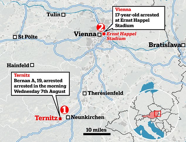 The main suspect, Beran A, was arrested one day before the first concert in Vienna on August 7 in his hometown of Ternitz, while another suspect was arrested at the concert venue.