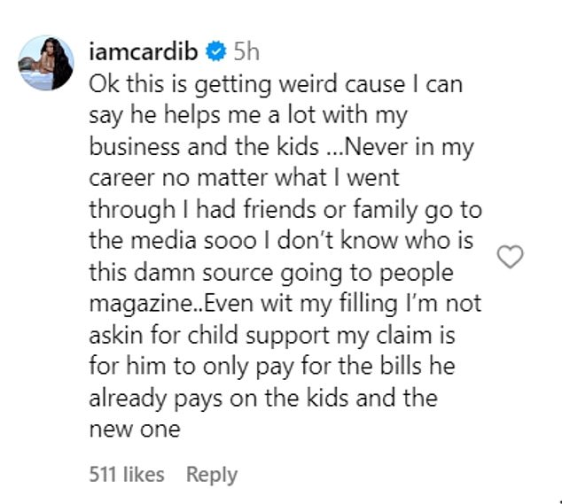 When celebrity blog The Jasmine Brand circulated the anonymous source's quote, Cardi took to the site's Instagram comments to refute the report.