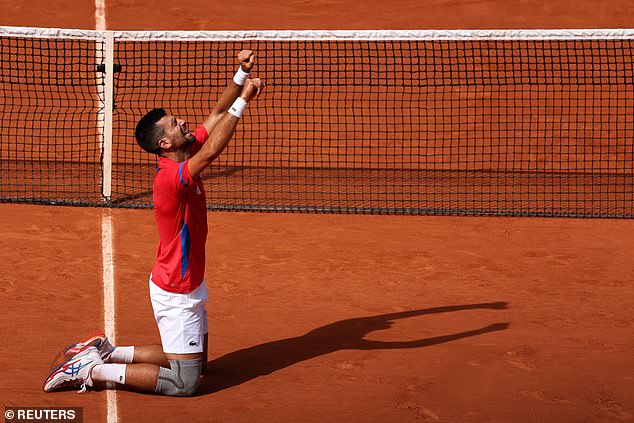 Novak Djokovic fell to his knees after winning the men's singles gold medal match on Sunday.