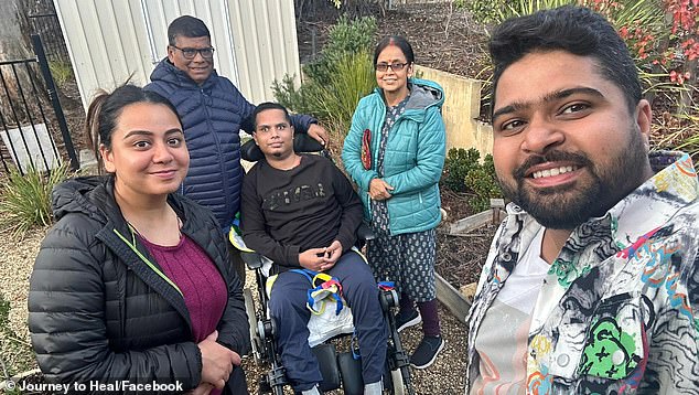 The Indian international student (pictured centre) finally won his battle to remain in Australia after the Department of Home Affairs gave him the shocking news in hospital.