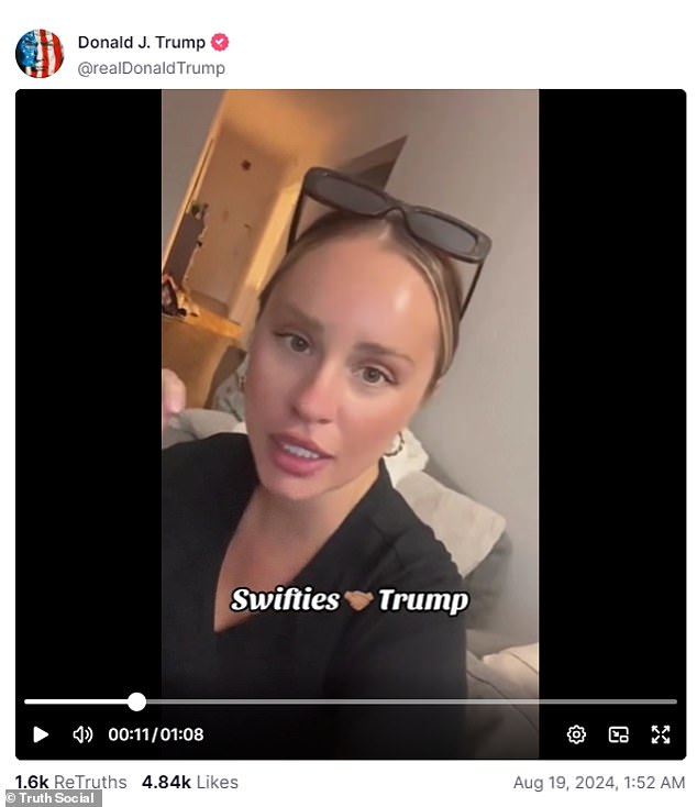 Last night Trump reaffirmed his claim that he was winning the support of the Swifties, sharing a video of an apparent MAGA fan who said that the 