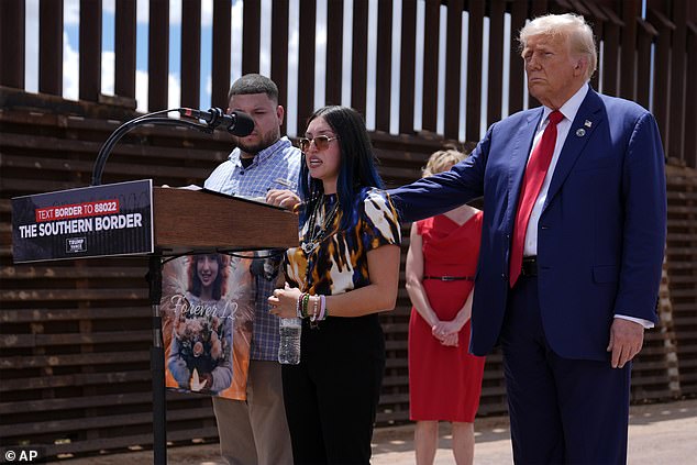 Former President Donald Trump comforts Alexis Nungaray and James Guevara, mother and uncle of Jocelyn Nungaray, a 12-year-old girl who was killed by illegal immigrants in June, during an event on the southern border with Mexico