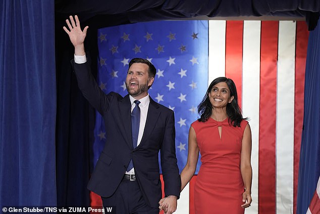 Republican vice presidential nominee JD Vance and his wife, Usha Chilukuri Vance, at a campaign rally at the Herb Brooks National Hockey Center on July 27, 2024.