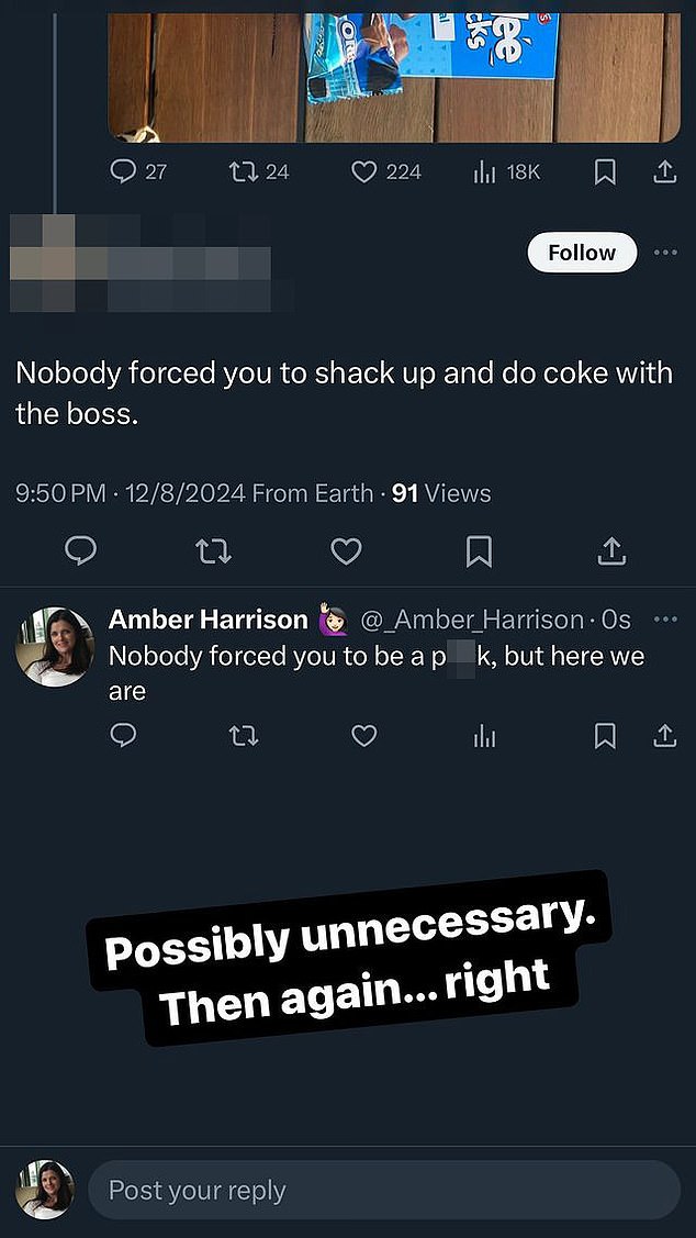 Ms Harrison shared an Instagram story on Tuesday night about a brutal interaction she had with a social media user on X on the Monday before the episode aired (pictured)