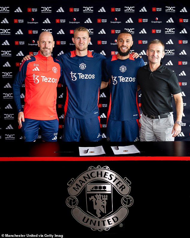 Manchester United have confirmed the signing of Matthijs de Ligt (second from left) and Noussair Mazraoui (second from right)