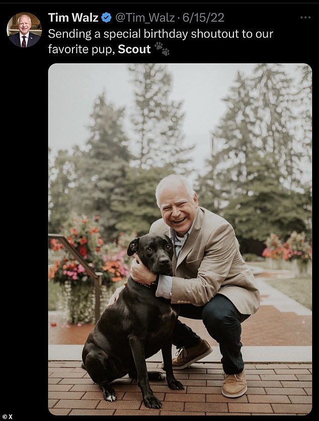 The photo on the left showed Walz with Scout, a Labrador retriever mix her family acquired in 2018. A caption read: 