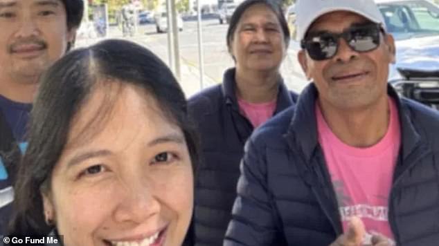 Ms Dela Cruz and her husband (pictured left) were travelling in a Nissan Navara with their parents (right) when the vehicle collided with a Toyota Landcruiser on Sunday. Both women died and their husbands were rushed to hospital.