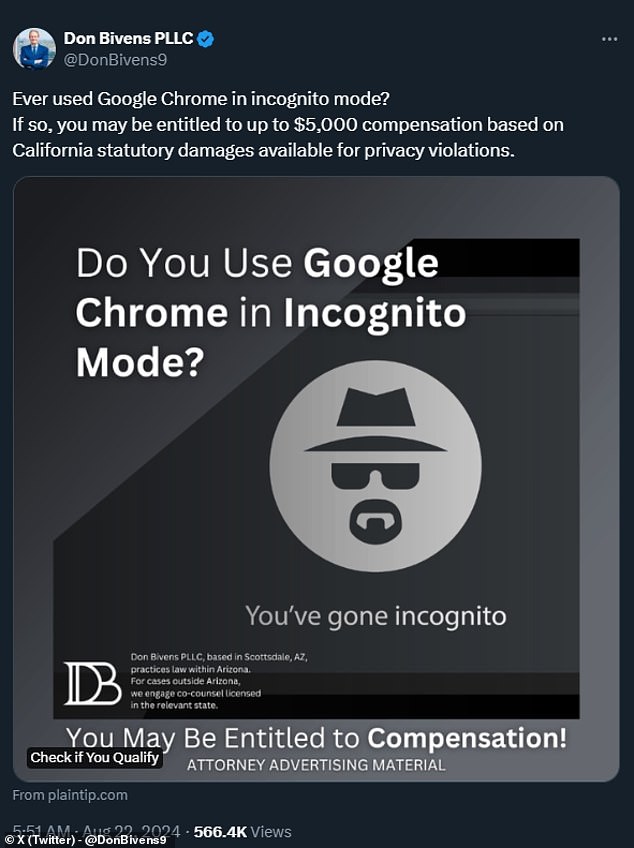 An attorney for the plaintiff, Don Bivens of Arizona, announced on the social media site X that any Chrome user who has been 