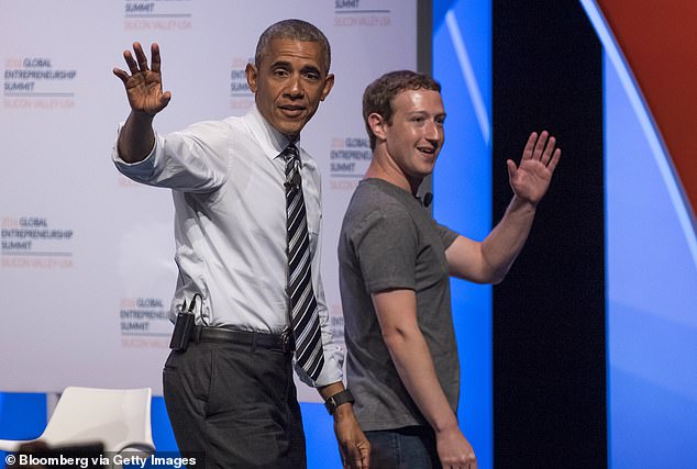 Above, Zuckerberg shares the stage with then-President Barack Obama during the 2016 Global Entrepreneurship Summit (GES) at Stanford University in California.