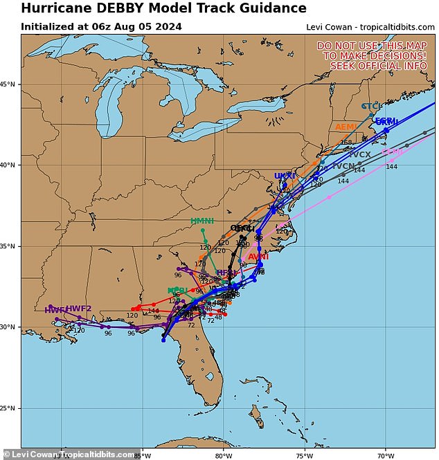 Hurricane Debby is forecast to move through 10 US states after making landfall in Florida, according to a terrifying model