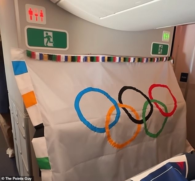 With Nicky in economy class was the real Olympic flag, hanging on a dividing wall behind the last row.