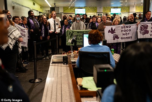 The ban would affect federal cafeterias like those on Capitol Hill, shown above during a pro-Gaza protest in April 2024.