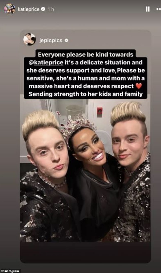 Just hours after her court appearance, Katie took to her Instagram Stories to repost a message of support that was initially posted by Jedward.