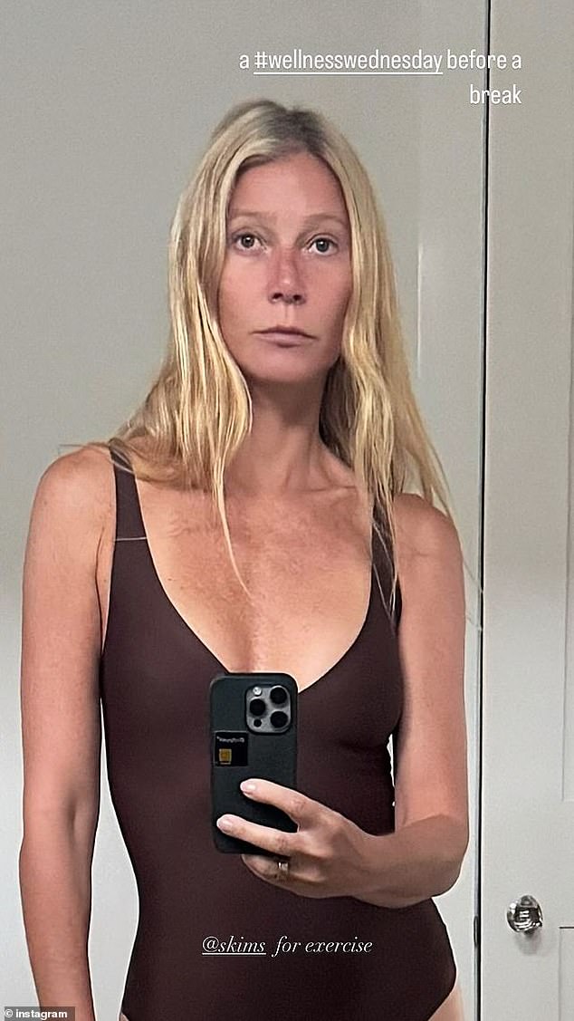 Gwyneth rocked a chocolate-colored bodysuit in the mirror selfie she shared on her Instagram Stories.