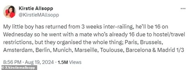 Kirstie defended Oscar Hercules, who turned 16 this week, saying he and his friend independently organised the nine-stop trip across Europe.