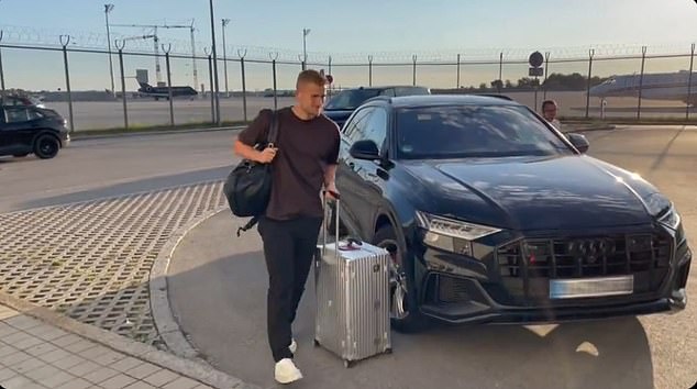 De Ligt (pictured) and Mazraoui arrived at Munich Airport on Monday morning before completing their moves to Manchester United in a blockbuster double transfer for £55.8m.