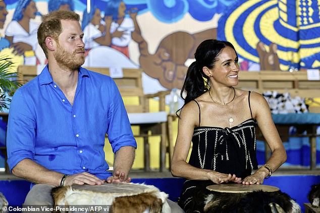 The Duke, 39, and Duchess, 43, of Sussex were greeted by Colombia's Vice President Francia Marquez and her husband Rafael Yerney Pinillo after arriving in the country on Thursday for the start of a four-day tour.