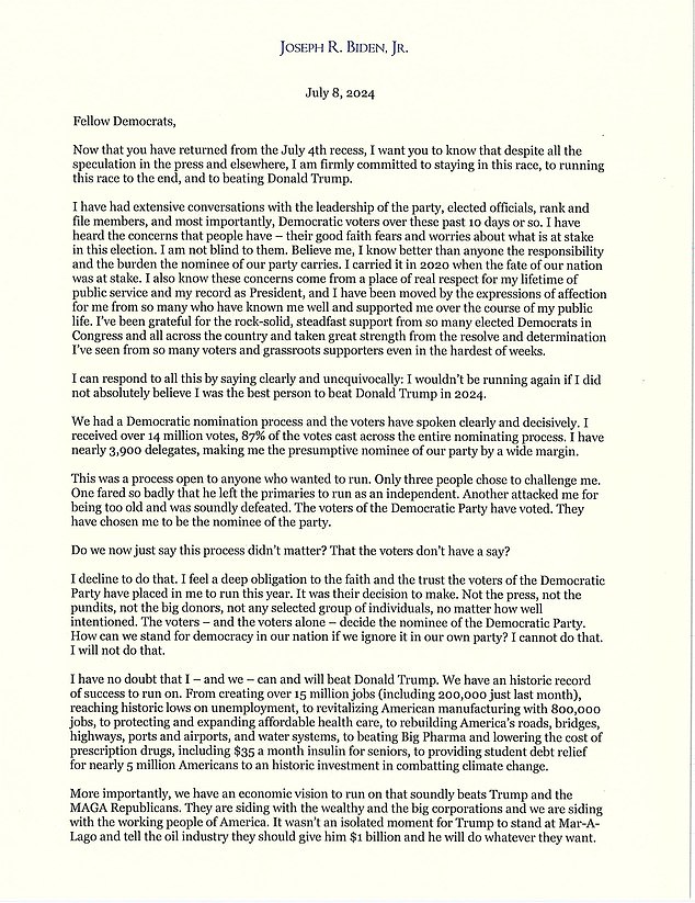 President Joe Biden has written to House Democrats after a handful of elected lawmakers urged him to end his campaign.