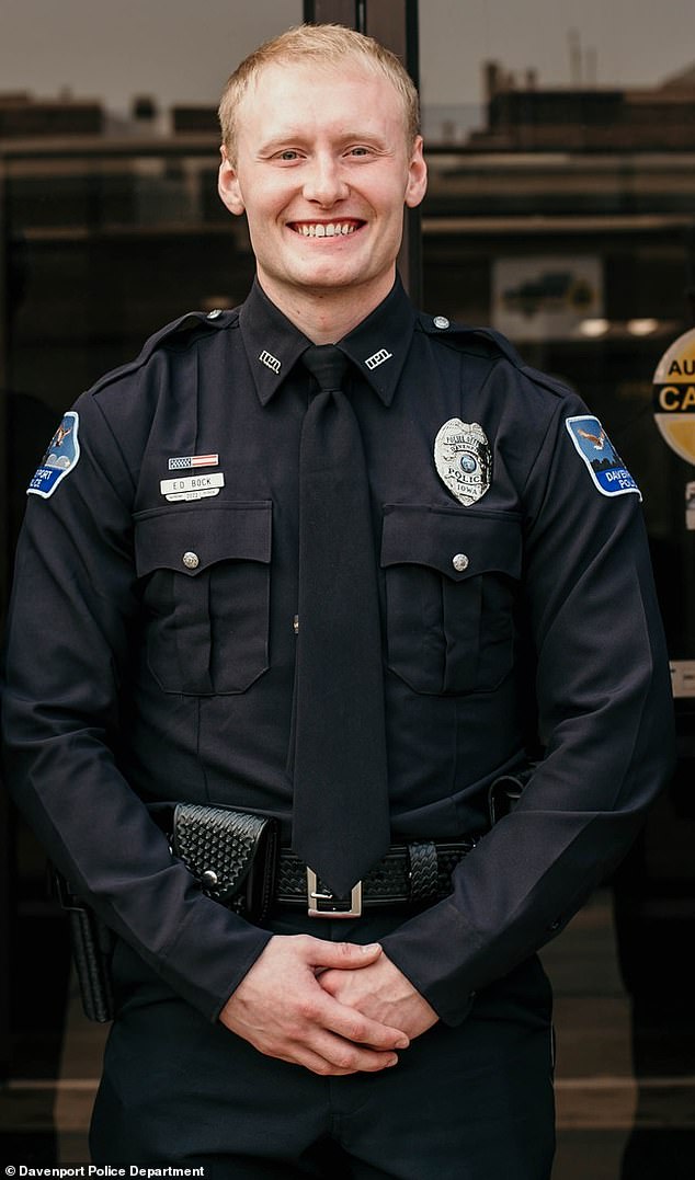 Davenport Police Officer Ethan Bock (pictured) shot the dog four seconds after the beloved pet approached him, leaving his owners screaming in terror.