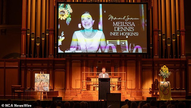 Friends and family attend a memorial service for Ms Hoskins at Adelaide Town Hall in February.