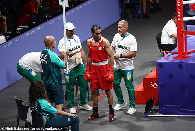 Imane Khelif, 25, on the sidelines of today's highly anticipated boxing match