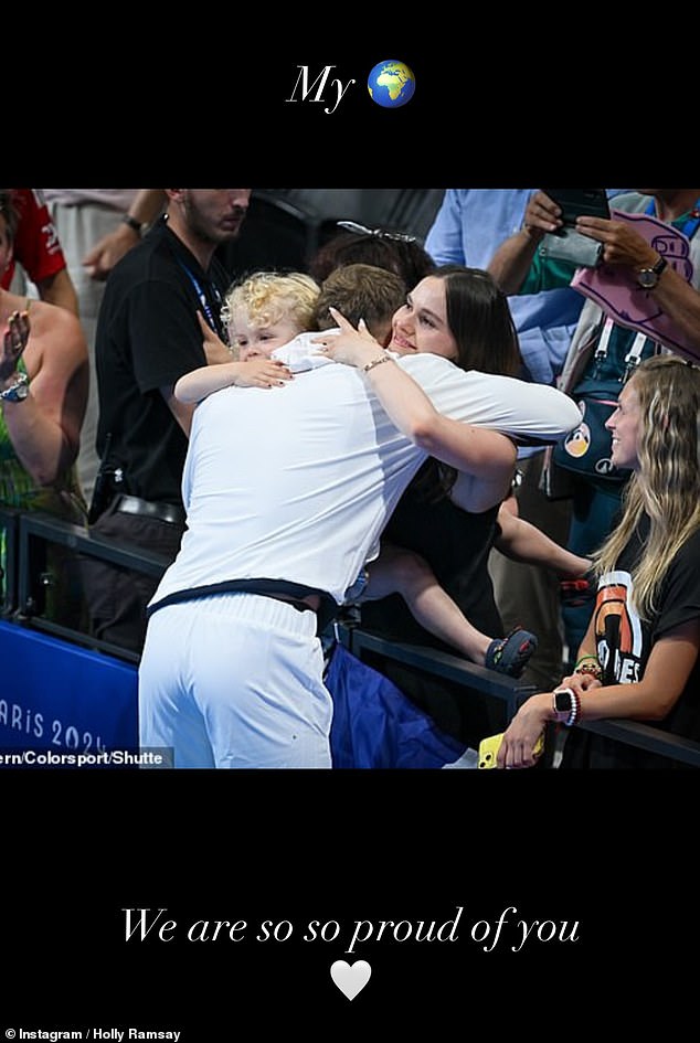 In a photograph showing the athlete hugging her and their three-year-old son George, she wrote: 