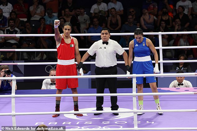 Khelif won her women's welterweight fight when Angela Carini (right) quit