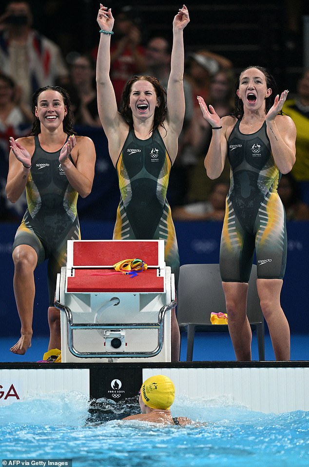 Lani Pallister (right), who was forced to withdraw from the previous 1500m freestyle heats after testing positive for Covid, didn't even know if she would be declared fit to swim in the relay - she is also Dawn Fraser's goddaughter.