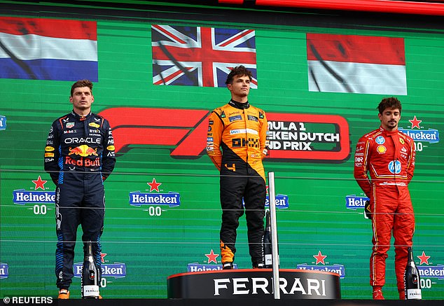 Max Verstappen (left) finished in second place, with Charles Leclerc (right) in third place during today's race.