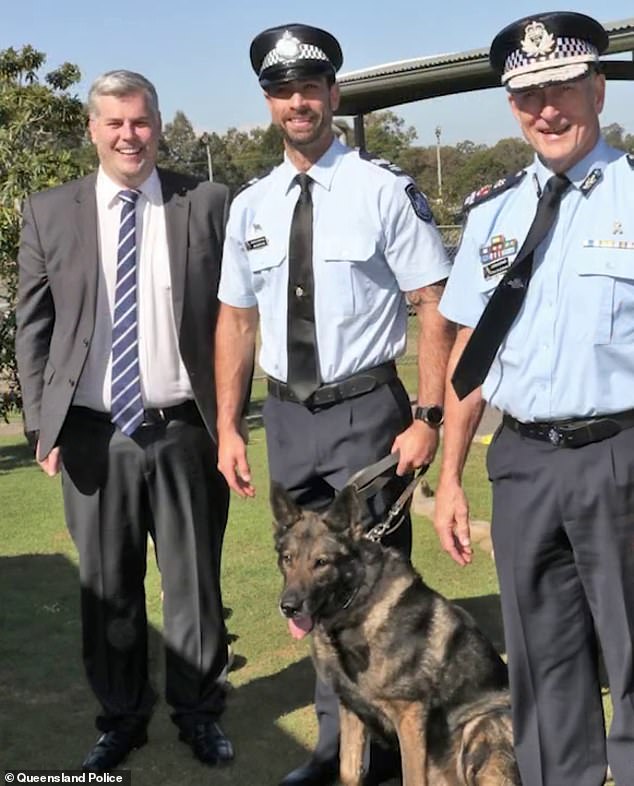 Last month, Kaos was awarded the Dog Service Medal for his outstanding service and bravery during seven years in the force (pictured with his handler and owner, Senior Constable Jim Griffiths, centre).