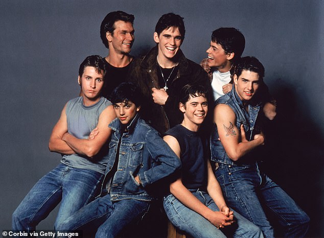 (L-R) Emilio Estevez, Patrick Swayze, Ralph Macchio, Matt Dillon, C. Thomas Howell, Lowe and Tom Cruise on the set of The Outsiders