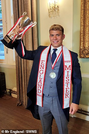 Manuel Alcántara Turner smiled for the cameras as he sported his Mister England sash and trophy