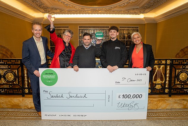 Sandwich Sandwich received £100,000 when it was crowned Uber Eats Restaurant of the Year in 2023. The team is pictured with judges Prue Leith (second from left) and Monica Galetti (right)