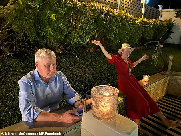 New South Wales MP Michael McCormack with the makeshift studio Sarah Carter (right) set up during a recent trip